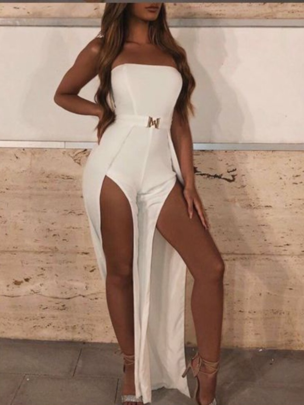 Meshki White Strapless Jumpsuit With Split Leg (Size Small)